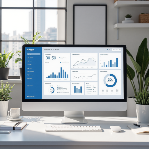 电商企业案例展示，显示关键词优化前后对比数据图表，背景为现代办公环境，明亮自然光